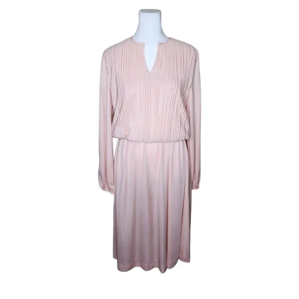 Vintage 80s Blouson Long Sleeve Dress Womens Size M Pink Crinkle